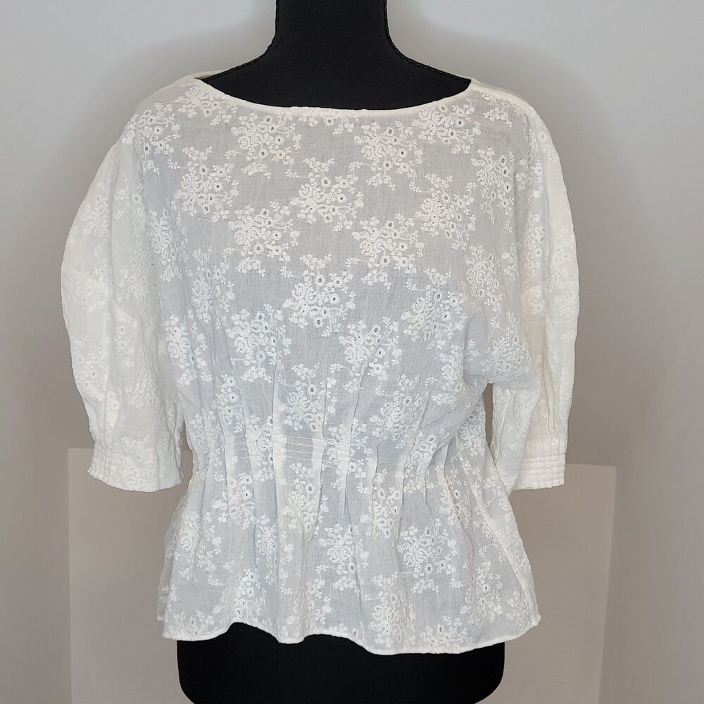 Nordstrom Signature Womens XS White Floral Embroidered Blouse Top Designer